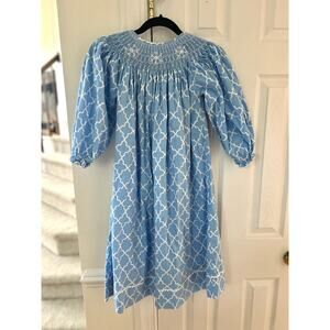 Girl's "Smocked PolkaDot" Blue Embroidered Snowflake Quatrefoil Print Dress
